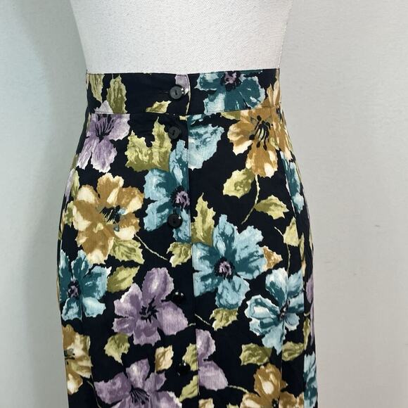 Sag Harbor Skirt size Extra Large Long Black Blue Purple Floral Button Front - Picture 4 of 11